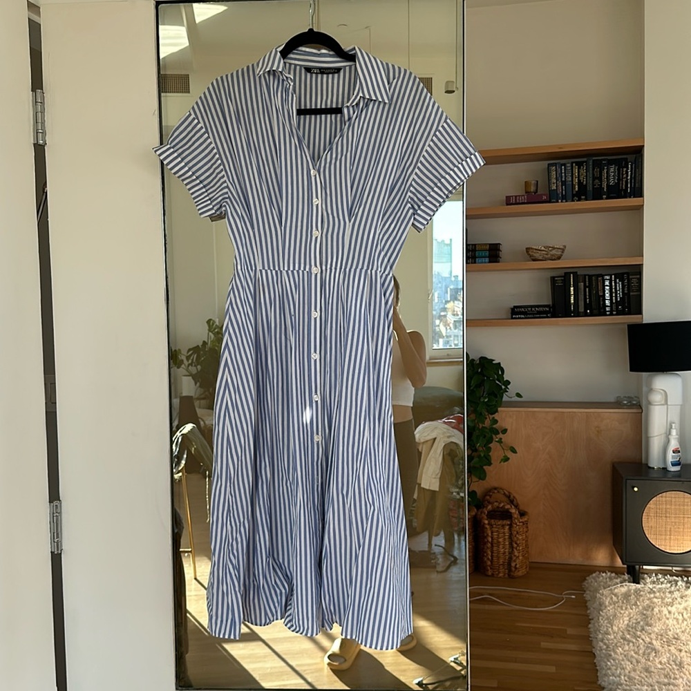 Zara Blue White Striped Cotton Linen Midi Button Dress